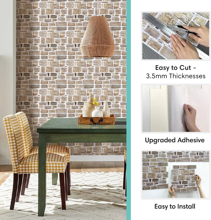 Commomy 10 Pcs Faux Stone 3D Wall Panels Peel and Stick - 11.8" x 11.8" Stone Panels for Wall 3D Brick Wallpaper Peel and Stick Self-Adhesive Tiles for Kitchen, Bedroom, Living Room, TV Background, RV - Image 5